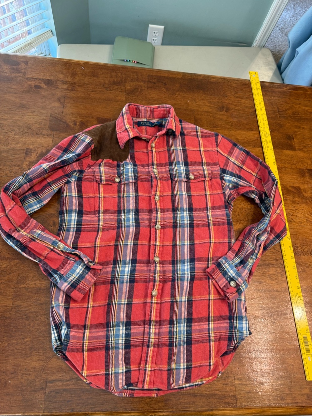 Polo Ralph Lauren Men Small Plaid Flannel Shirt Suede Shoulder Hunting Patch S